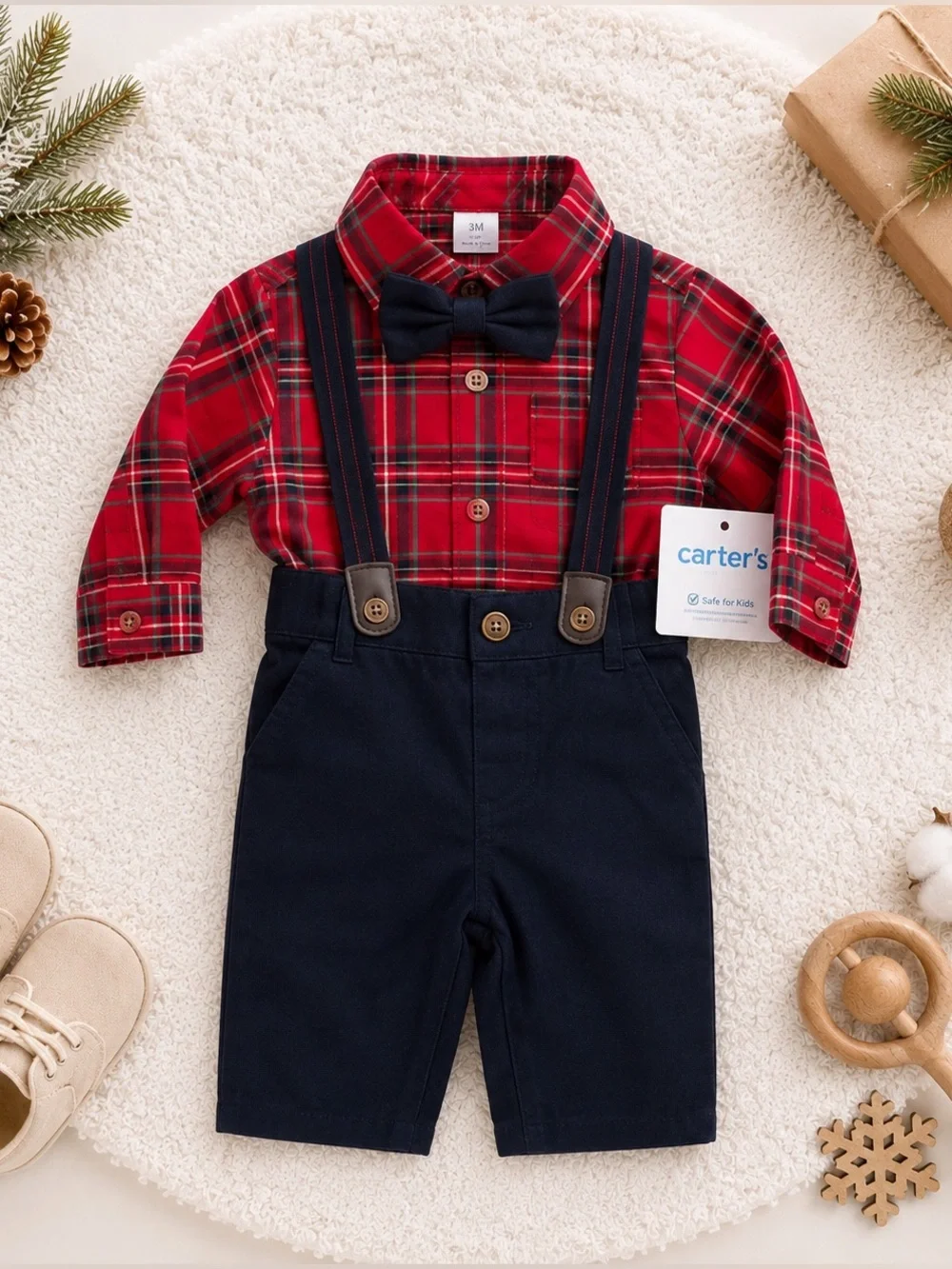 Carter’s Baby Boy 3M Plaid Holiday Shirt Pants Suspenders Bow Tie Outfit NWT